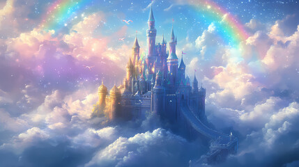 Fantasy castle in the clouds with rainbow and unicorns whimsical digital painting. Fantasy Castle. Illustration