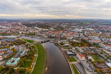 Panoramic view of Dresden from hot air balloon. Elbe River flows through city, creating picturesque landscape. Germany. Aerial view