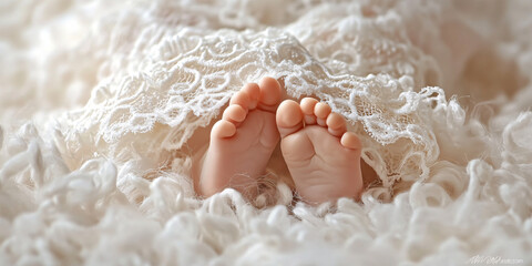 Delicate Baby Feet Nestled in Soft White Lace with Gentle Natural Lighting
