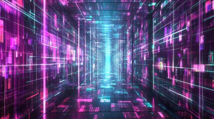 Neon Digital Corridor Futuristic Abstract Art