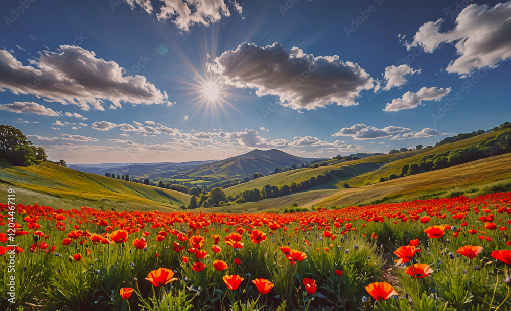 Aufkleber a field of red flowers with a bright sun shining on them. the sun is in the sky and the clouds are i