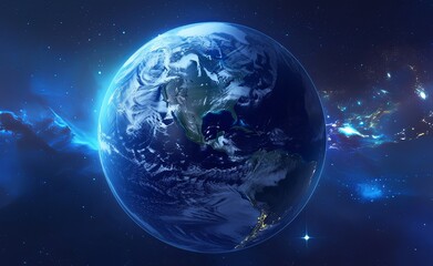Obraz premium The Earth in Space with Artistic Representation of America, Surrounded by Stars, Galaxies, and a Deep Blue Background – A Focused View of Nature