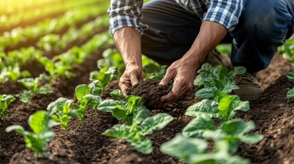 A farmer nurtures young plants in a sunlit field, emphasizing sustainable agriculture and organic farming practices in early growth stages.