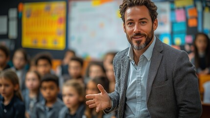 A teacher actively engages with a diverse group of students in a lively classroom, fostering an interactive learning environment.