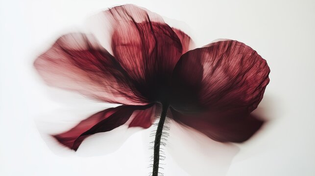 A striking abstract image of a burgundy flower with delicate petals against a clean white background, conveying elegance.
