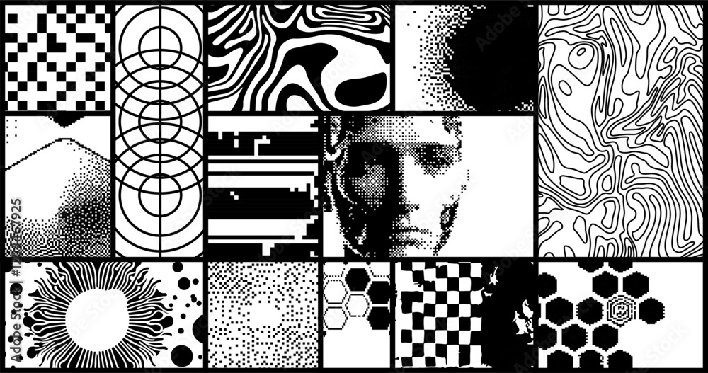 Aufkleber Сollage of several rectangles containing various abstract images and textures. Vector illustration in Industrial pixel art style.
