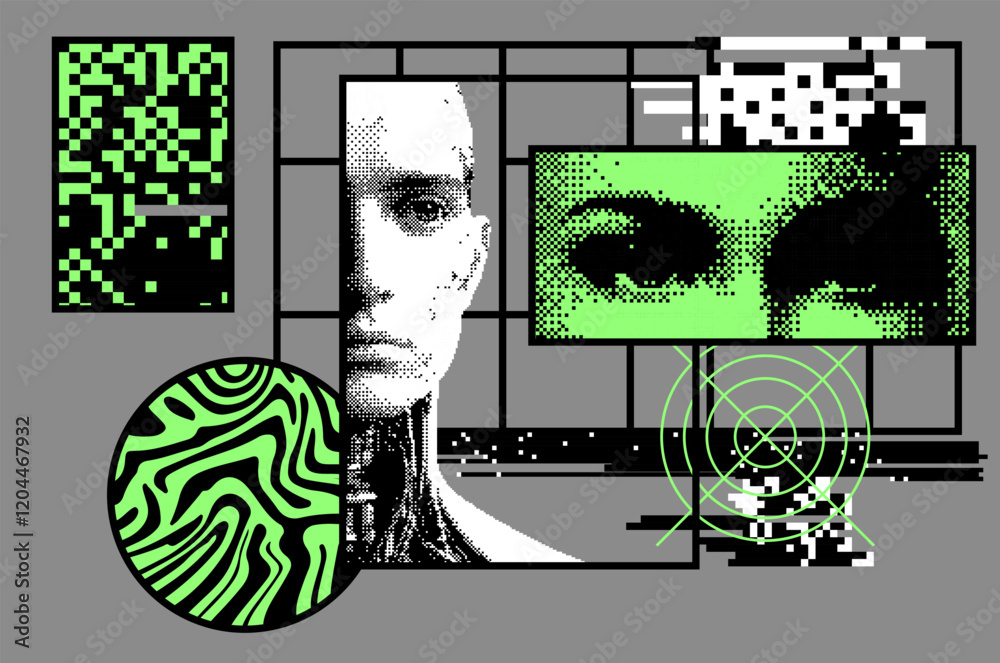 Aufkleber retrofuturistic pixel art collage with different textures and glitched human face parts. conceptual 