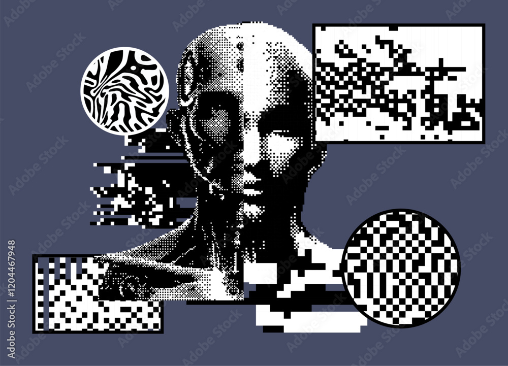 Poster retrofuturistic pixel art collage with different textures and glitched human face parts. conceptual 