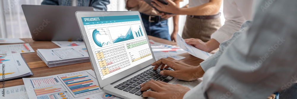 Fototapete Spreadsheet document information financial startup concept. data and graphs in spreadsheet documents for online analysis project dashboard accounting digital brisk