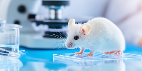 Scientist investigates a white mouse under serene laboratory conditions during a crucial research phase