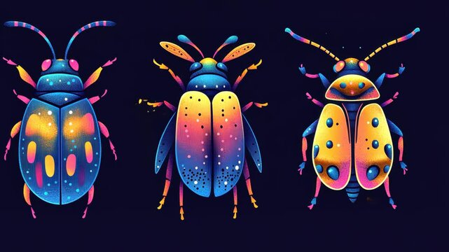 Vivid beetles in synchronized dance with neon patterns and vibrant colors