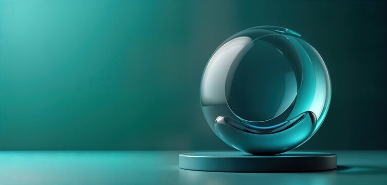 Modern abstract glass object in teal blue. Glass sphere overlapping circles, reflective surface. Object sits on dark teal pedestal. Design smooth, clean. Image evokes futuristic, minimalist