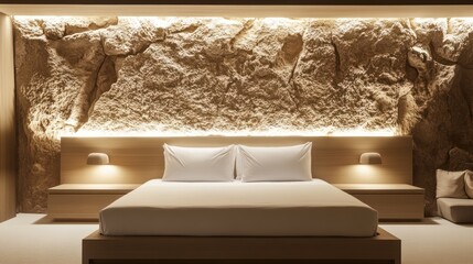 Modern bedroom with stone wall and warm lighting