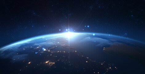 Obraz premium Epic Close-Up of Earth from Space with Sunlight Glowing on its Surface, Stars in the Background and Distant City Lights 