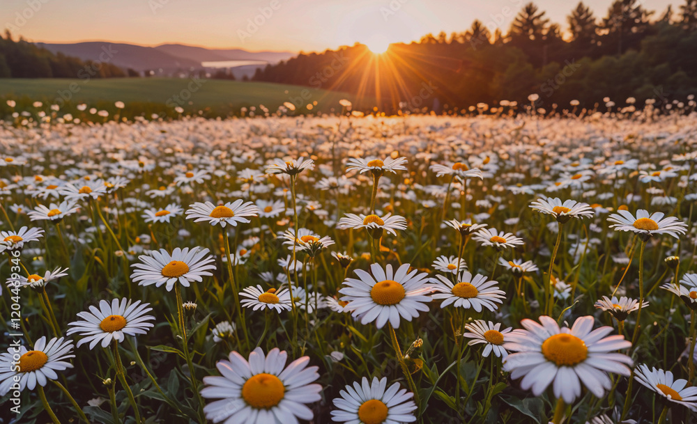 Poster a field of white daisies with the sun shining on them. the sun is in the background and the field is