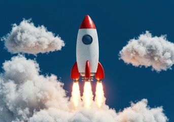 A 3D illustration of a red and white rocket blasting off,surrounded by fluffy white clouds and glowing flames set against a vibrant blue background