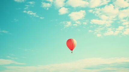 Obraz premium A solitary red hot air balloon floats gracefully against a vast, clear blue sky, epitomizing freedom and exploration.