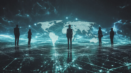 Fototapeta premium abstract professional business team people innovation connection of line from nail node to node on map background , networking concept