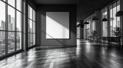 Modern minimalist interior with large blank canvas in urban high-rise office, showcasing city skyline