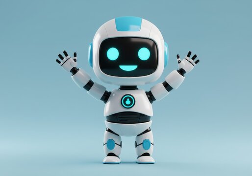 A 3D illustration of a cute futuristic robot with a white body and blue accents, a glowing face with a cheerful smile set against a light blue background