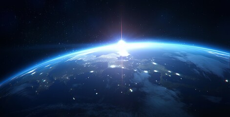 Obraz premium Epic Close-Up of Earth from Space with Sunlight Glowing on its Surface, Stars in the Background and Distant City Lights 