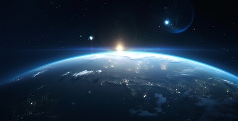 Obraz premium Epic Close-Up of Earth from Space with Sunlight Glowing on its Surface, Stars in the Background and Distant City Lights 