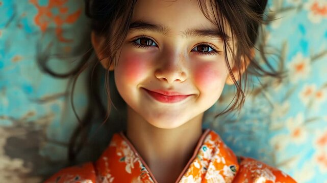 Joyful young girl in orange kimono smiling against colorful background