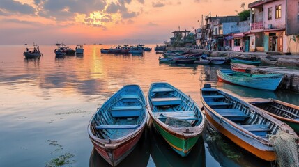 Fototapeta premium Coastal Village Sunset Boats Harbor Scene