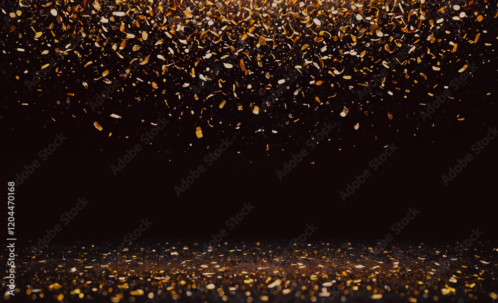 Poster a black background with gold glitter falling from the sky. the glitter is falling in a way that it l