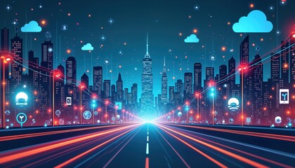 Futuristic city road shows tech roadmap for smart city. Modern urban landscape with illuminated city street lights. Digital icons represent connected tech services like transport, utilities. Dynamic