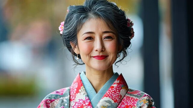 Elegant traditional attire: graceful woman in colorful kimono outdoors