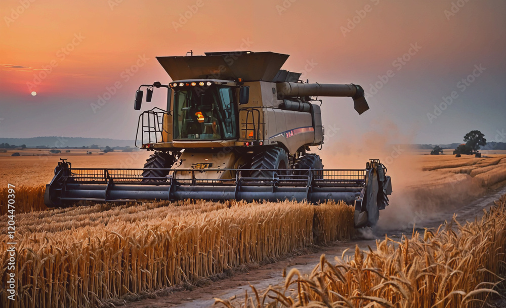 Poster a large combine harvester is driving through a field of wheat. the sun is setting in the background,