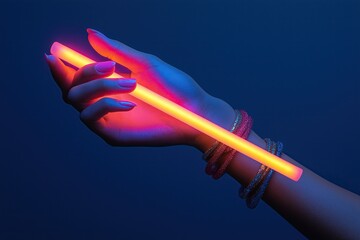 Vibrant hand holding glowing light stick against bold blue backdrop showcases fandom energy