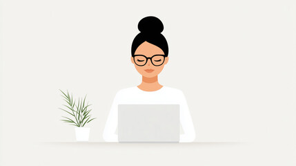 Woman working on a laptop in a minimalistic indoor setting with a plant nearby