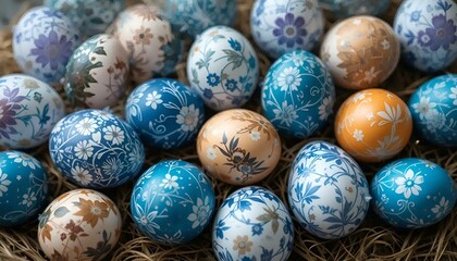 Beautifully decorated Easter eggs with floral patterns arranged in a nest of straw