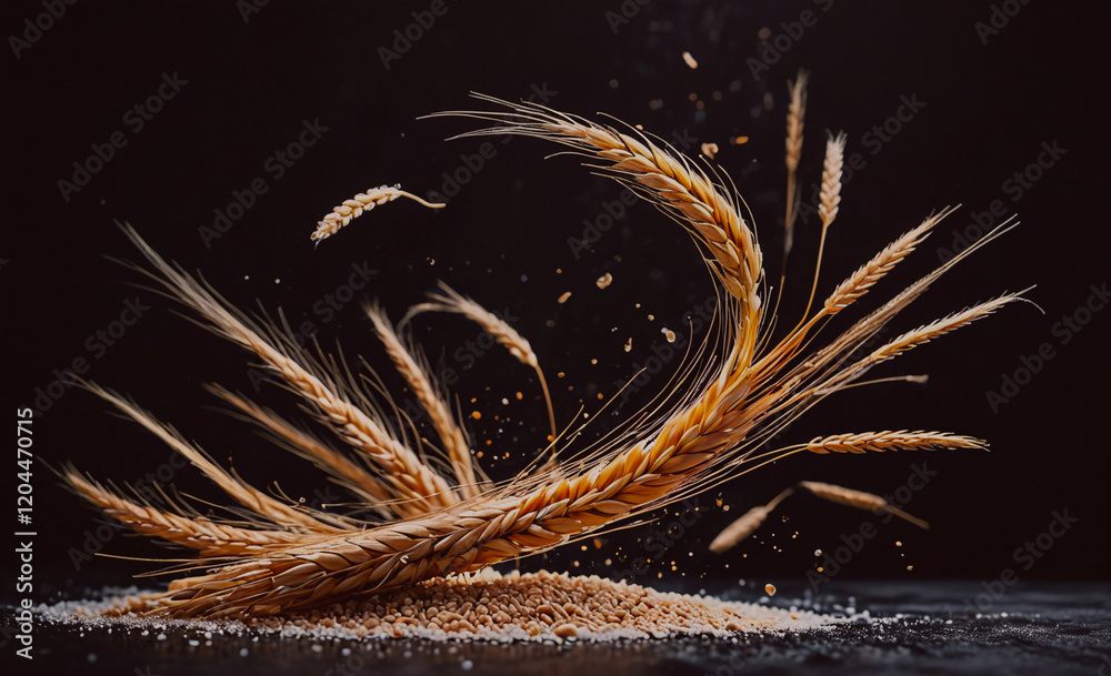 Poster A close up of a bunch of wheat with a lot of grain scattered around it. The grain is falling from the wheat and the wheat is in a spiral shape. Scene is chaotic and wild, with the wheat