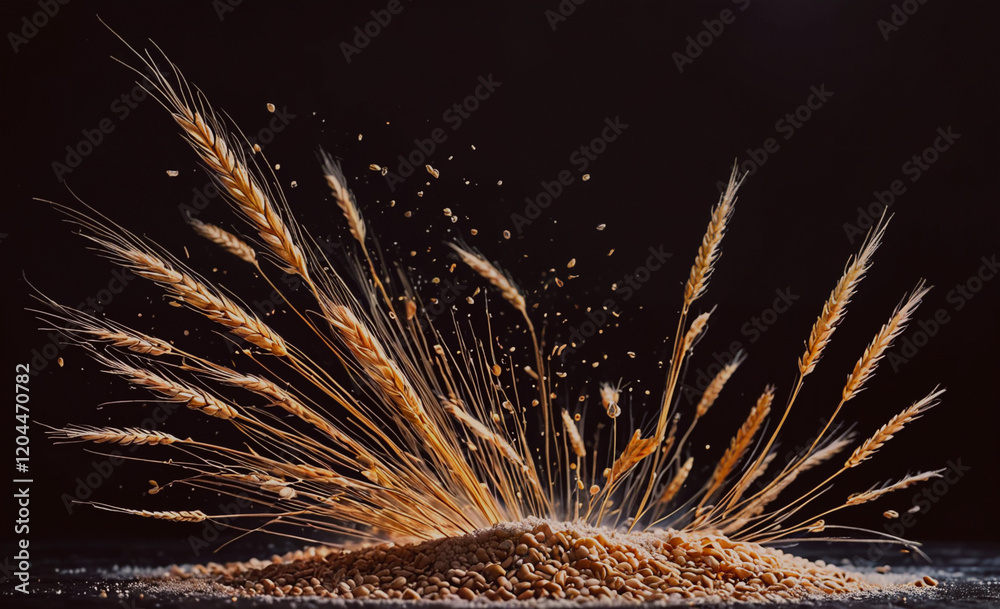 Poster a pile of wheat is scattered across a black background. the wheat is in various stages of being blow