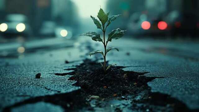 Young green plant sprout breaking through cracked asphalt in middle of city road with blurred passing cars background. Concept of new life, willpower and overcoming obstacles