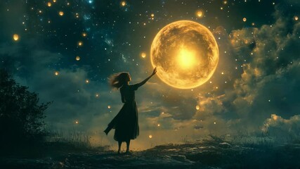 Young witch silhouette spinning moon with hand gesture against starry night sky with clouds in moonlight, teenage sorceress back view. Concept of feminine power and magical energy