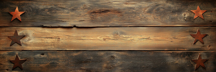 Fototapeta premium Rustic wooden plank background with distressed red stars for western decor
