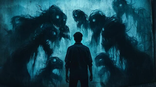 Young man with backpack standing confident from back, view facing wall with dark phantom monsters trying to scare him, psychological strength visualization. Overcoming teenage fears, mental resilience