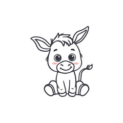 Cute cartoon donkey isolated on white. Animal in doodle style for children's coloring, worksheets, and activity pages. Vector illustration