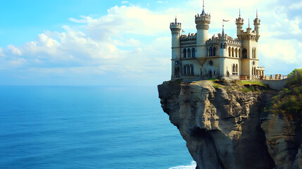 A castle on a cliff overlooking the ocean. Fantasy Castle. Illustration