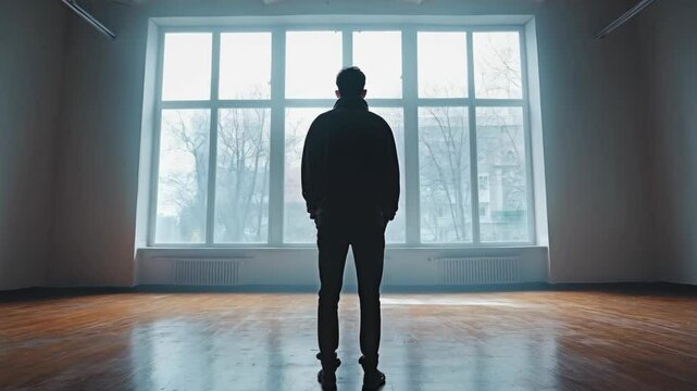Young man standing full length from back view in large empty unfurnished apartment, facing bright window ahead, starting new chapter. Concept of male solitude, self reflection and fresh life beginning