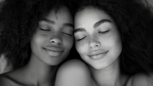 Two young women, african american and caucasian, tenderly touching faces with closed eyes, showing sincere emotions in black and white portrait. Concept of female friendship or lesbian love