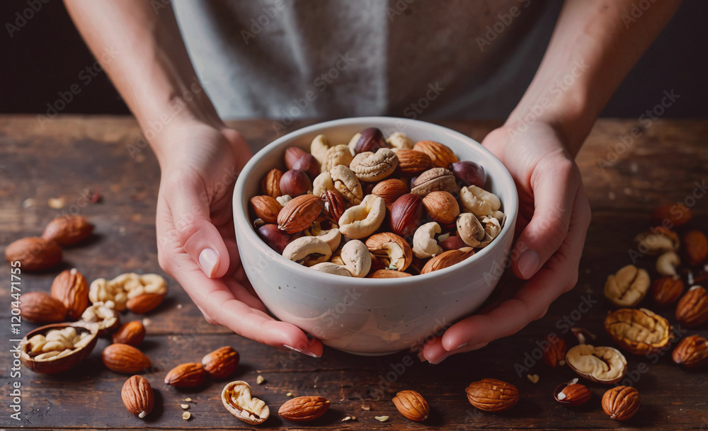 Poster a person is holding a bowl of mixed nuts. the nuts include almonds, cashews, and walnuts. the bowl i