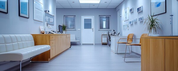 A sterile, empty doctor office, ready for the next consultation, with minimal furniture and modern d?(C)cor.