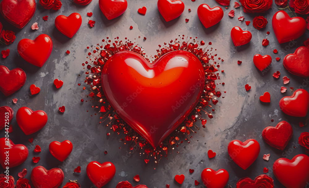 Poster a heart made of many red hearts is surrounded by a lot of red hearts. the heart is the main focus of