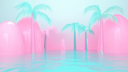 Naklejka premium Surreal Pink and Teal Palm Trees Oasis in Calm Water