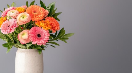 Fototapeta premium Vibrant flower bouquet in vase against gray background, perfect for greeting cards or websites
